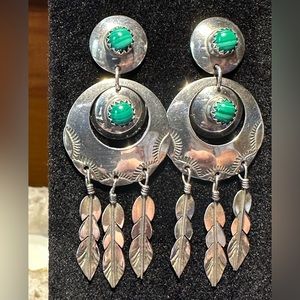 Vintage Sterling Silver Native American Malachite Feather Earrings